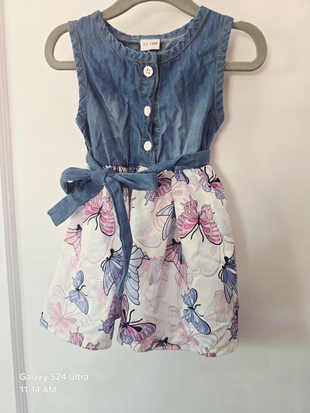 Amazon Denim Bodice Butterfly Print Kids Dress - Blue & Pink